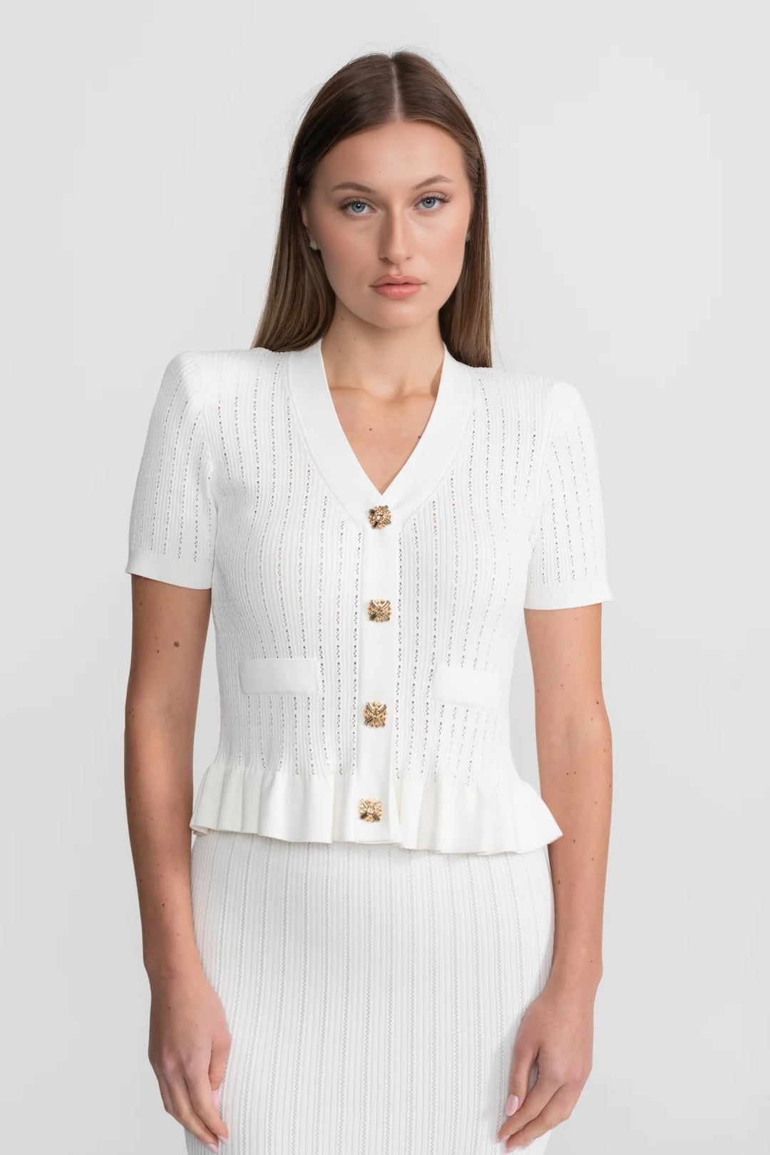 Pointelle Knit V-Neck Peplum Button Top and Flared Midi Skirt Two Piece Set 2