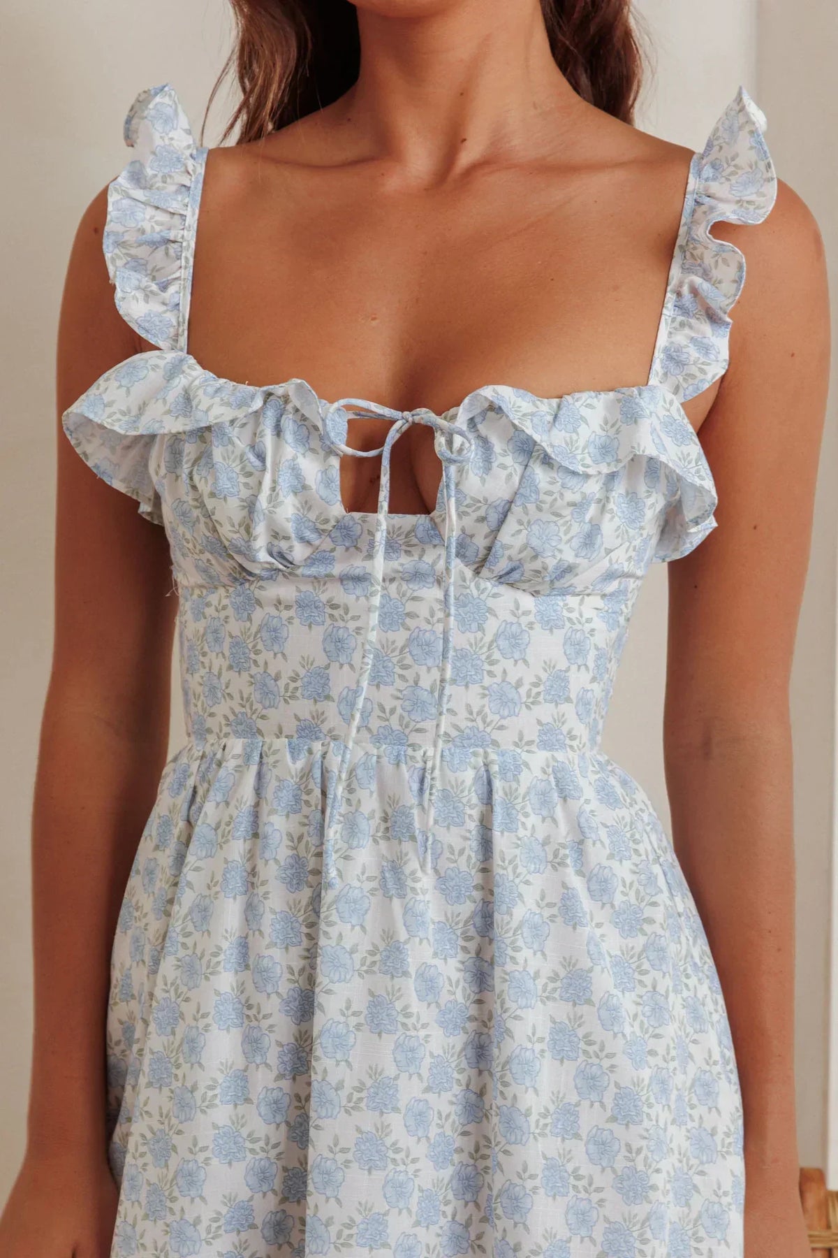 Floral Print Ruffle Strap Tie Front Corset Ruffle Hem Mini Dress 7