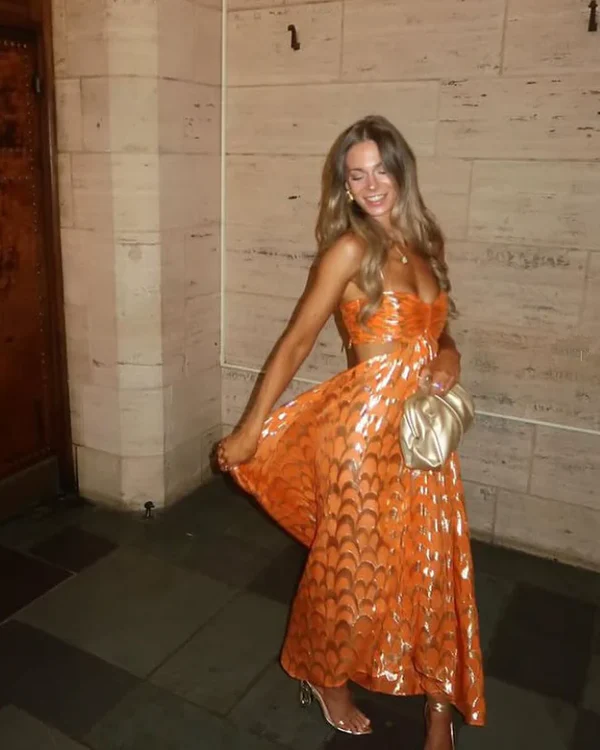 Chic Orange Long A Line Prom Dress Spaghetti Straps Evening Party Gown cc1443