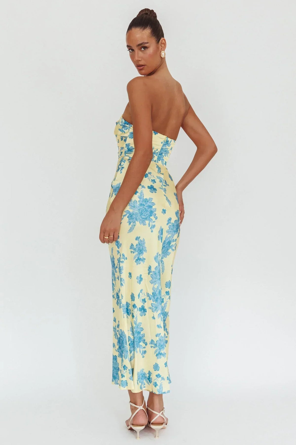 Floral Print Satin Strapless Ruched Bust Bodycon Maxi Dress 2