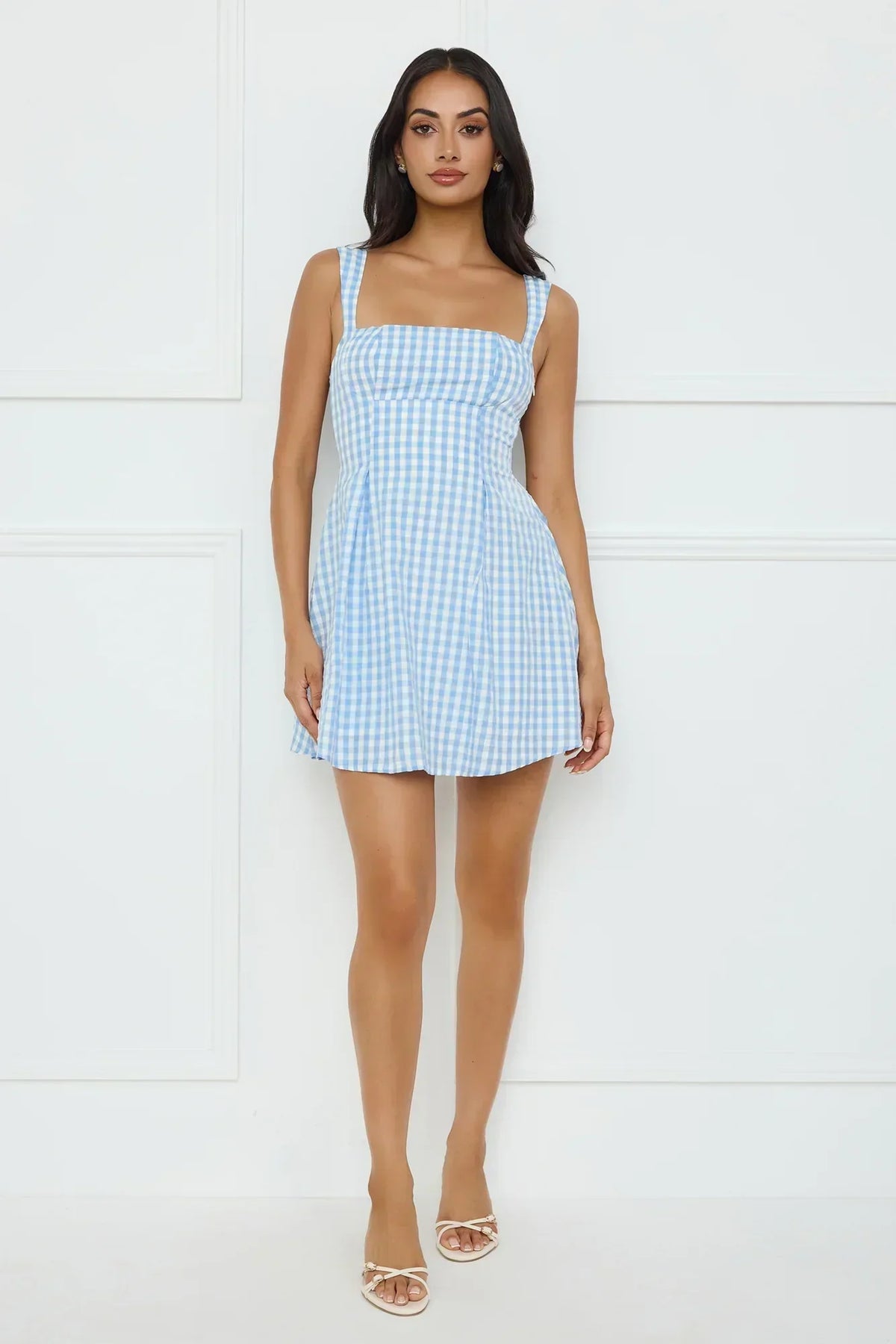 Gingham Square Neck Wide Strap Fit and Flare Mini Dress 24