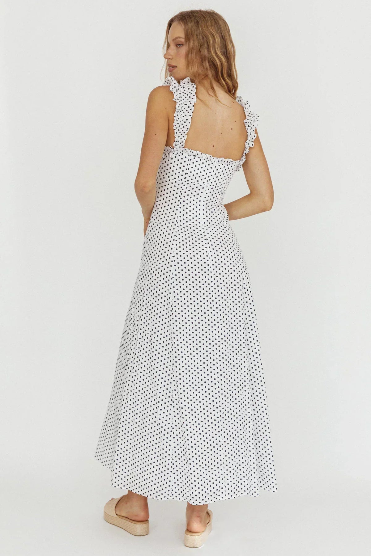 Polka Dot Square Neck Frill Strap Fit and Flare Maxi Dress 2