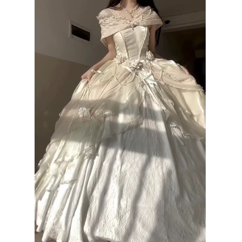 Pretty Ball Gown Sweetheart Satin Short Sleeves Long Evening Gown Prom Dresses SD1433