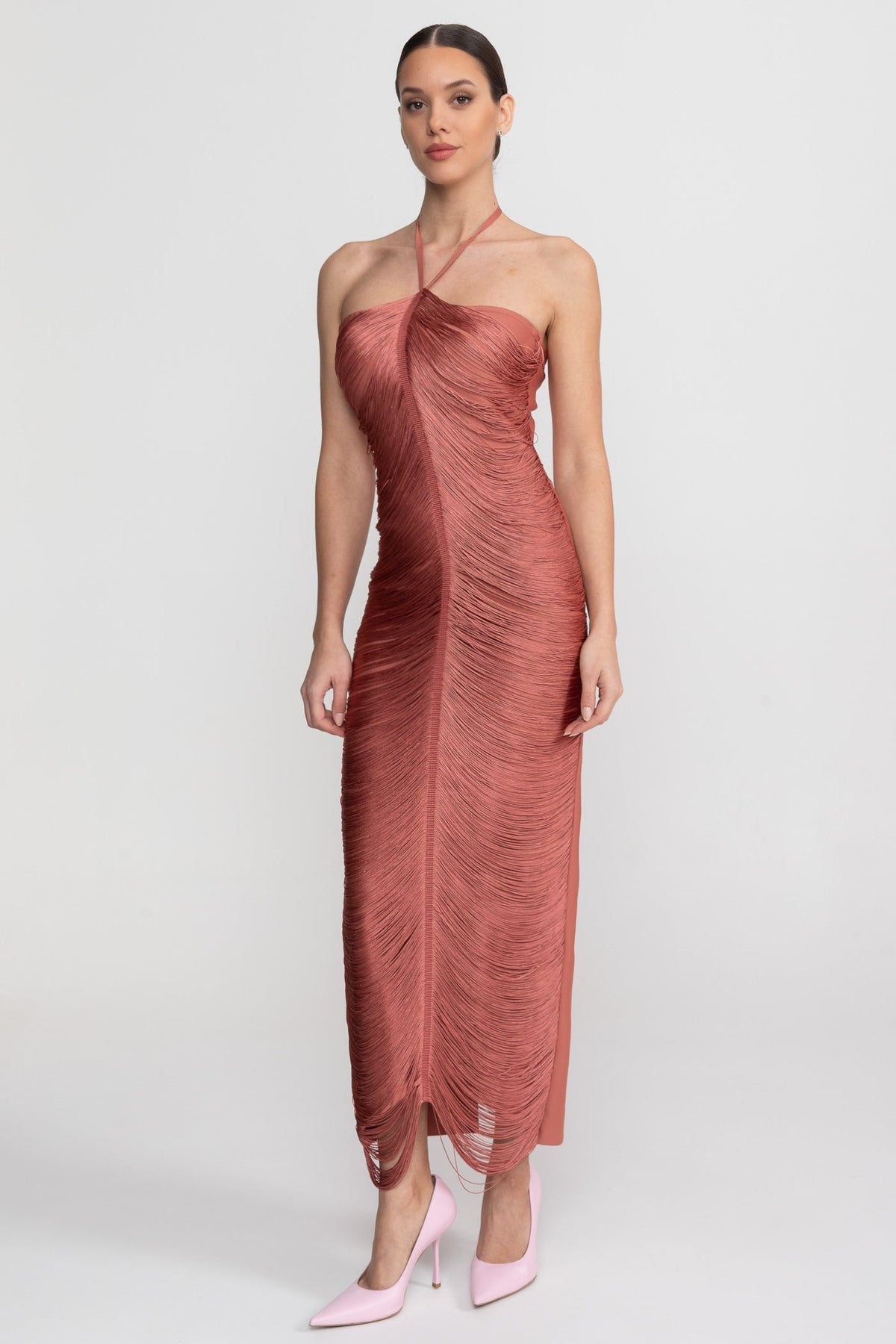Halter Neck Draped Fringe Strand Bodycon Midi Dress 3