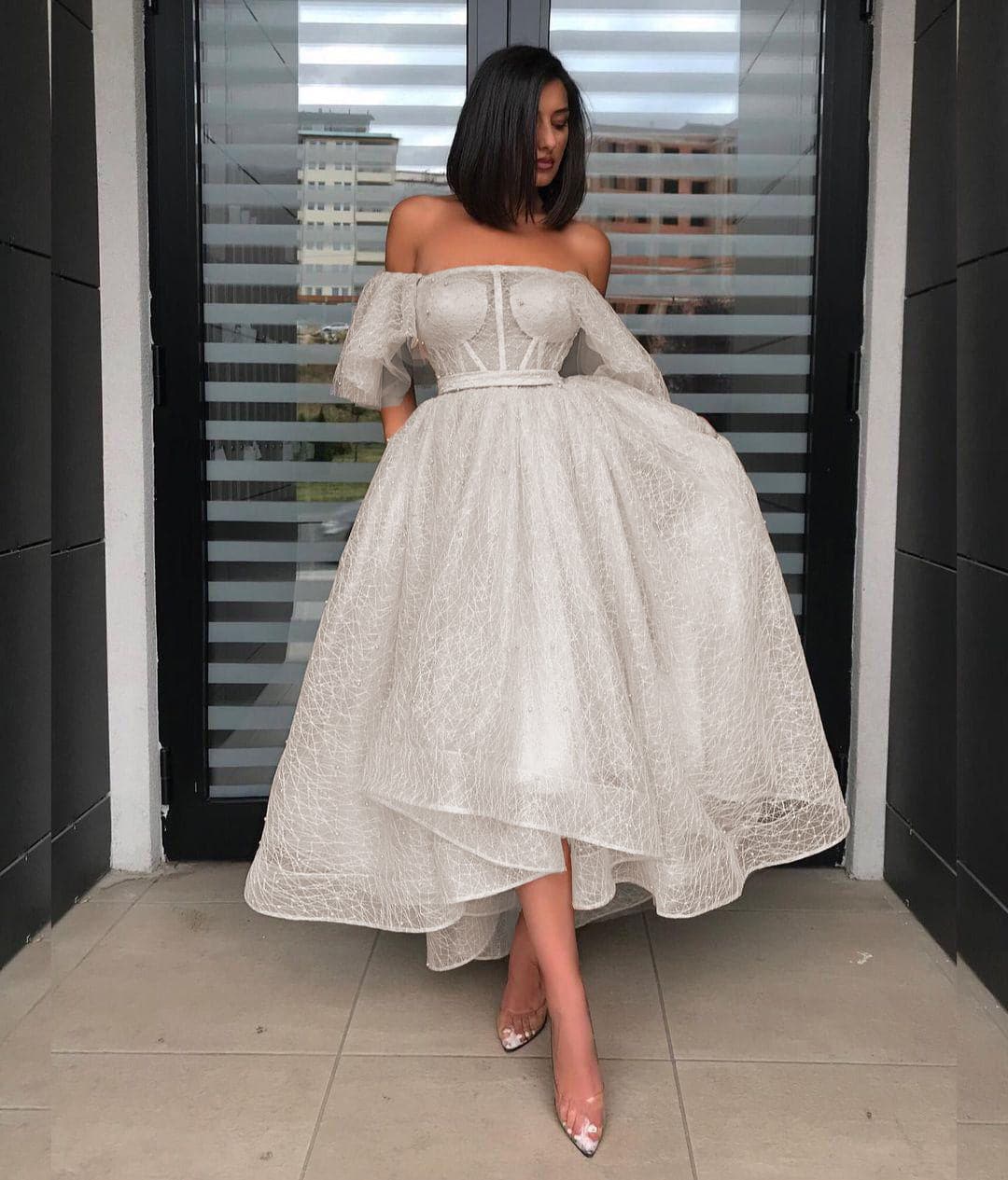 Mesh Off Shoulder Puff Sleeve Corset High Low Tea Length Prom Gown