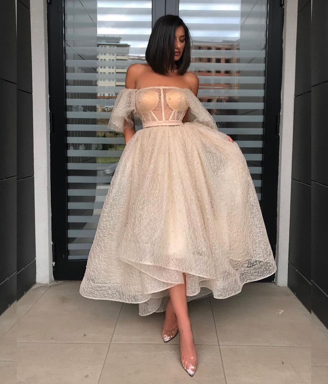 Mesh Off Shoulder Puff Sleeve Corset High Low Tea Length Prom Gown