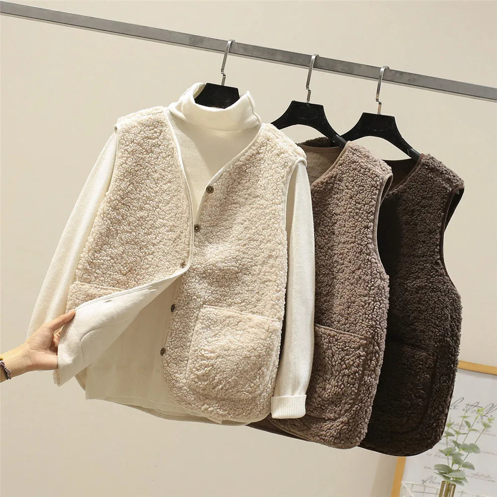 Button Front Sherpa Fleece Pocket Vest