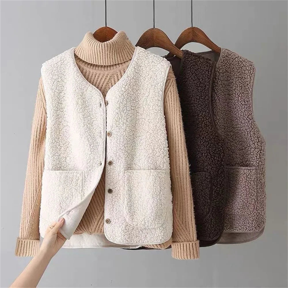 Faux Shearling V-Neck Button Front Pocket Vest