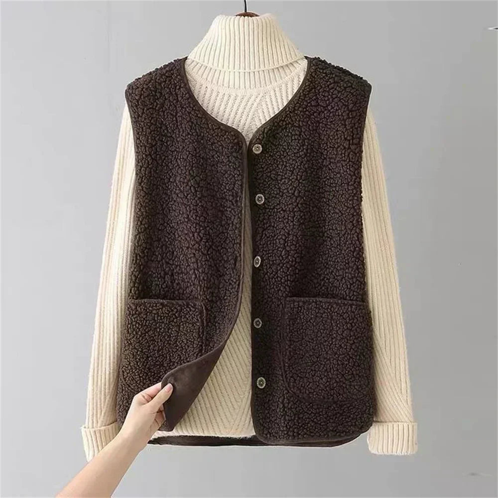 Faux Shearling V-Neck Button Front Pocket Vest