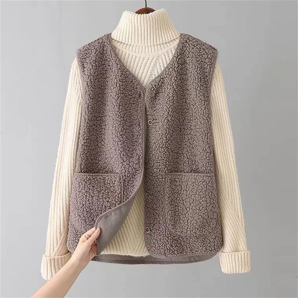 Faux Shearling V-Neck Button Front Pocket Vest