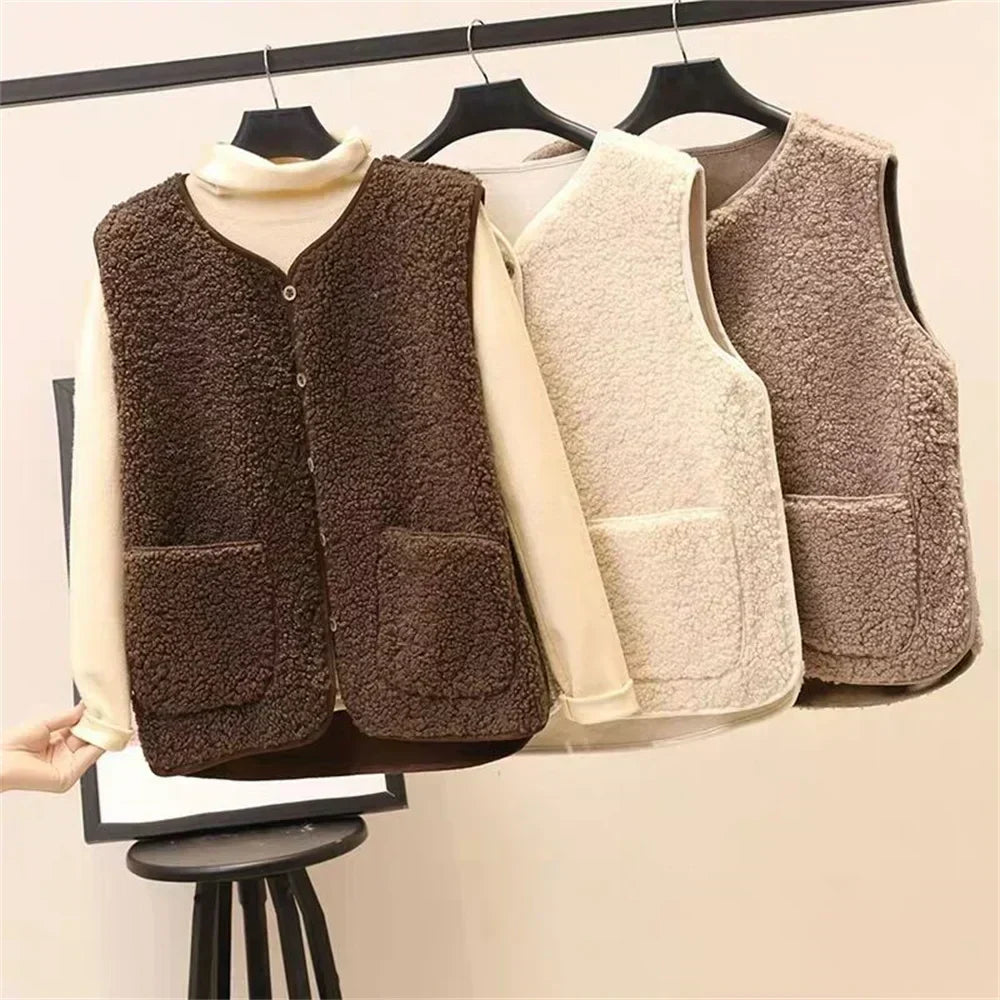 Faux Shearling V-Neck Button Front Pocket Vest