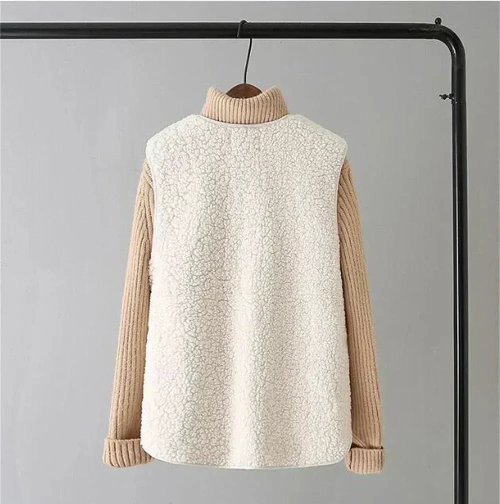 Faux Shearling V-Neck Button Front Pocket Vest