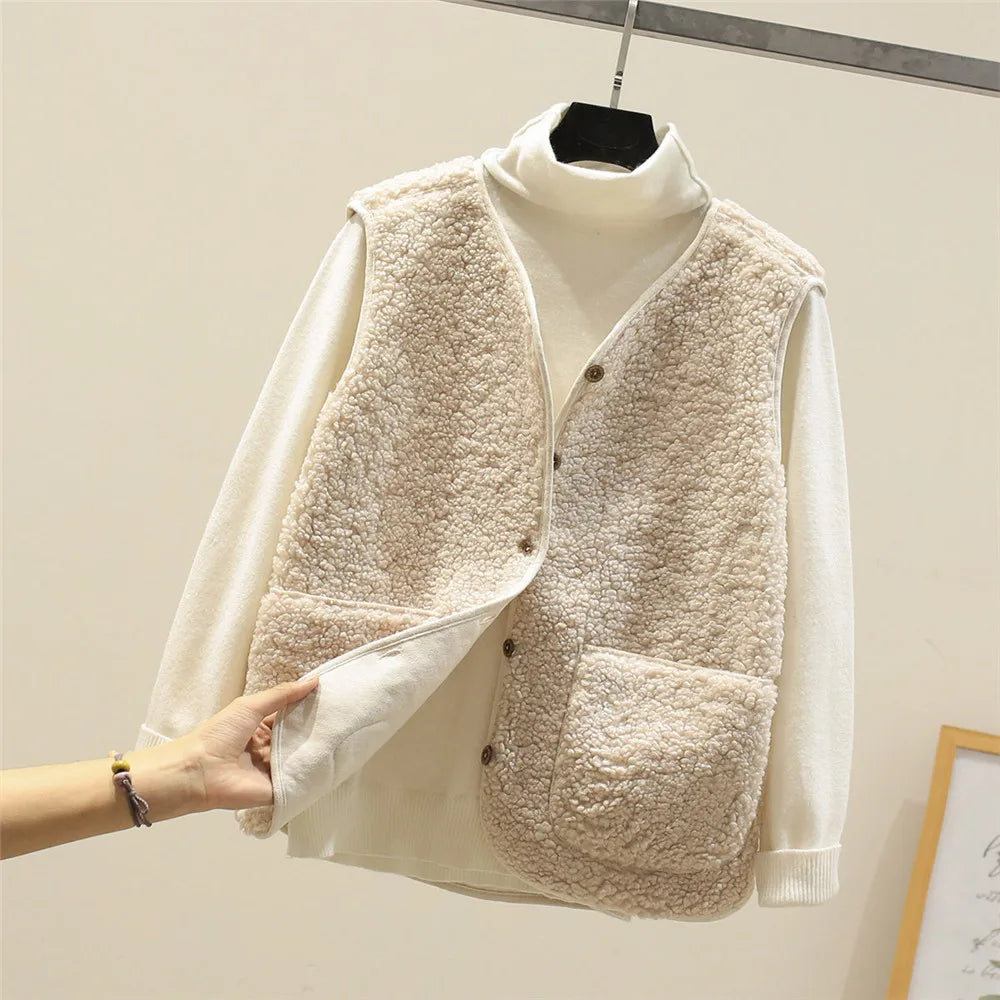 Button Front Sherpa Fleece Pocket Vest