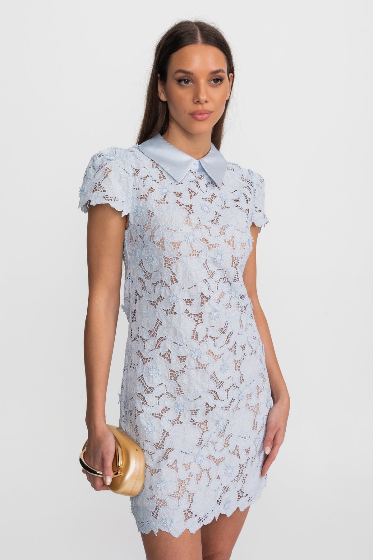 Floral Lace Satin Collar Short Sleeve Scalloped Hem Shift Mini Dress 2
