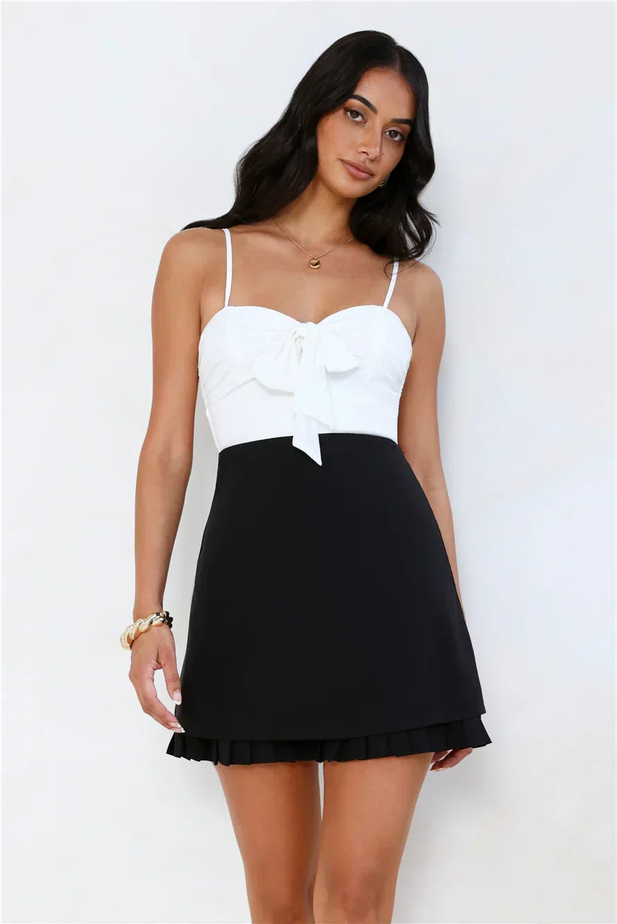 Ruched Bust Bow Front Spaghetti Strap Pleated Hem A-Line Mini Dress 11