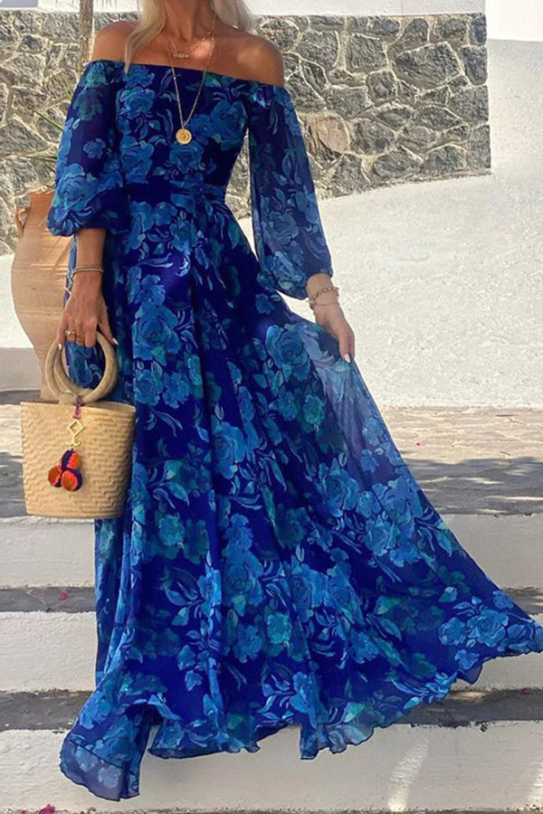 Floral Off Shoulder Lantern Sleeve Tie Waist A-Line Maxi Dress