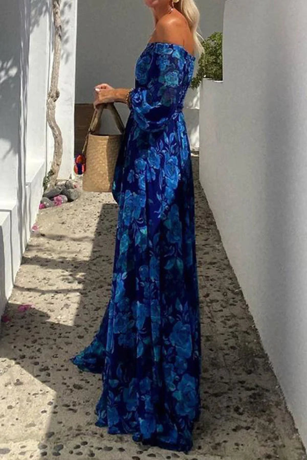 Floral Off Shoulder Lantern Sleeve Tie Waist A-Line Maxi Dress