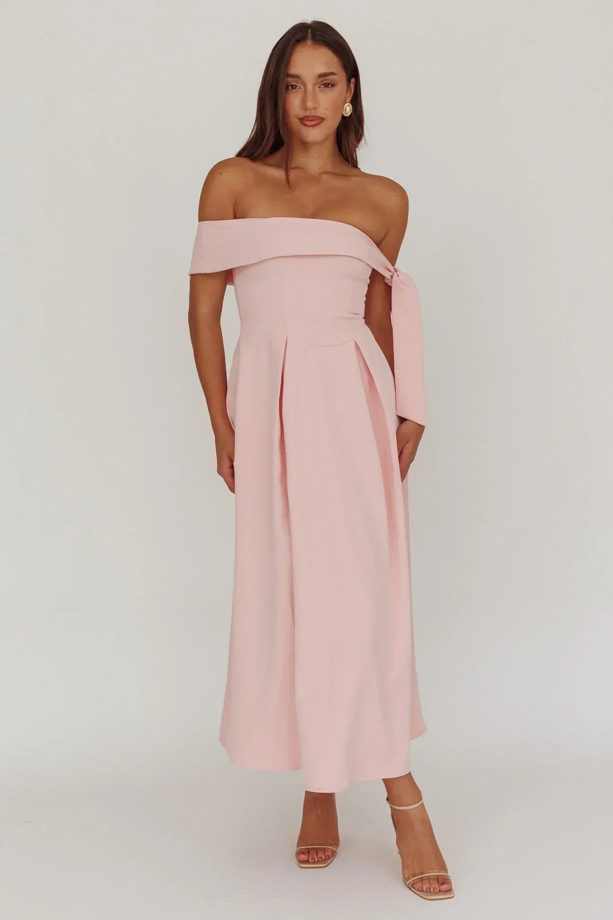 Off Shoulder Tie Sleeve Box Pleat A-Line Midi Dress 4