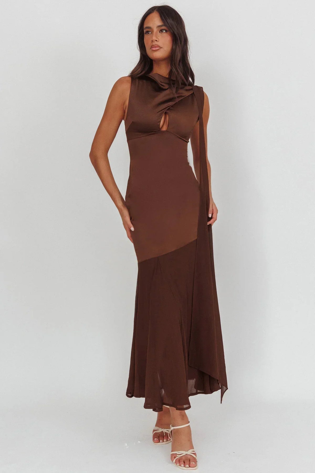 Satin Mock Neck Keyhole Bust Sleeveless Chiffon Mermaid Hem Maxi Dress 5