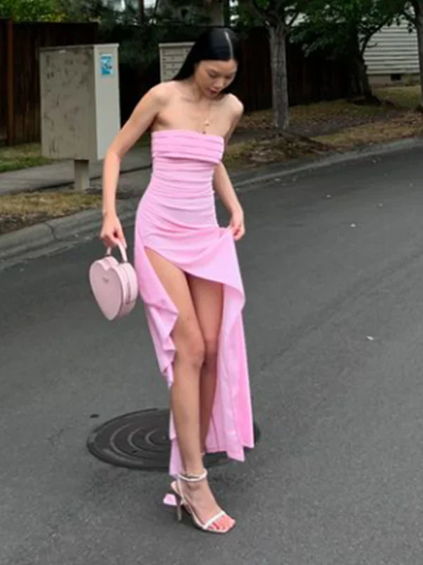 Elegant Pink Strapless Slit Evening Dress Sexy Party Prom Dress With Ruffles cc1840