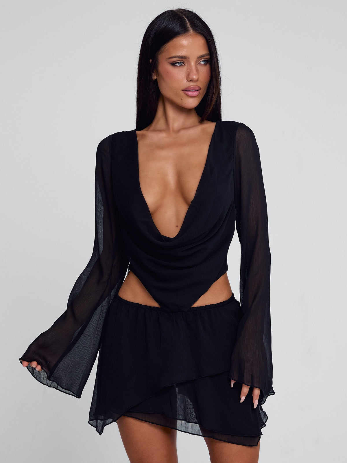 Sheer Chiffon Cowl Neck Bell Sleeve Top and Layered Mini Skirt Two Piece Set