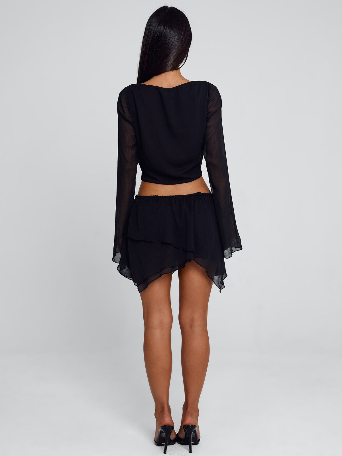 Sheer Chiffon Cowl Neck Bell Sleeve Top and Layered Mini Skirt Two Piece Set 5