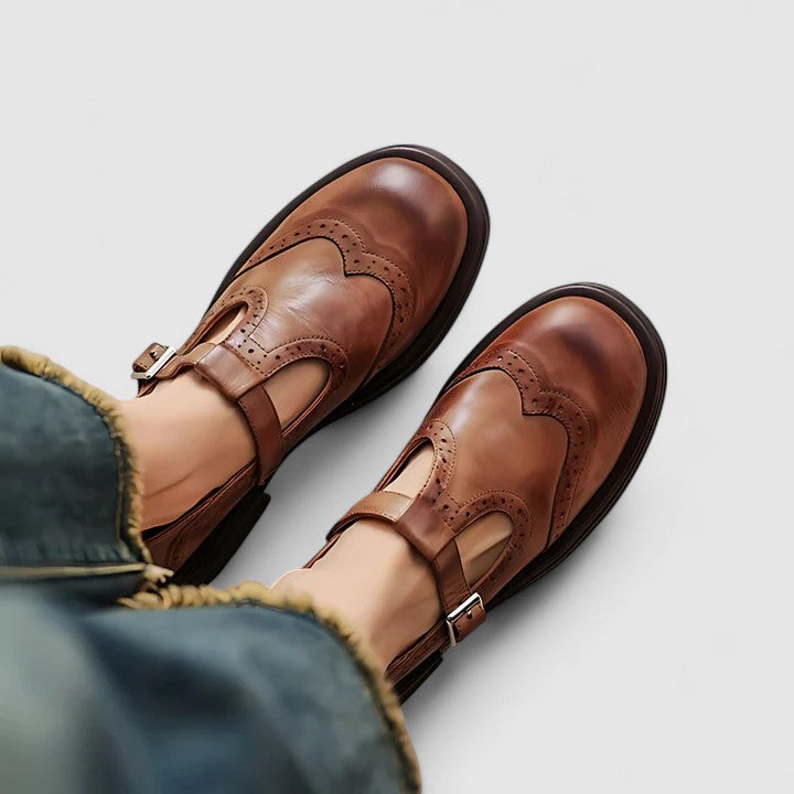 Round Toe T-Strap Buckle Brogue Mary Jane Flats