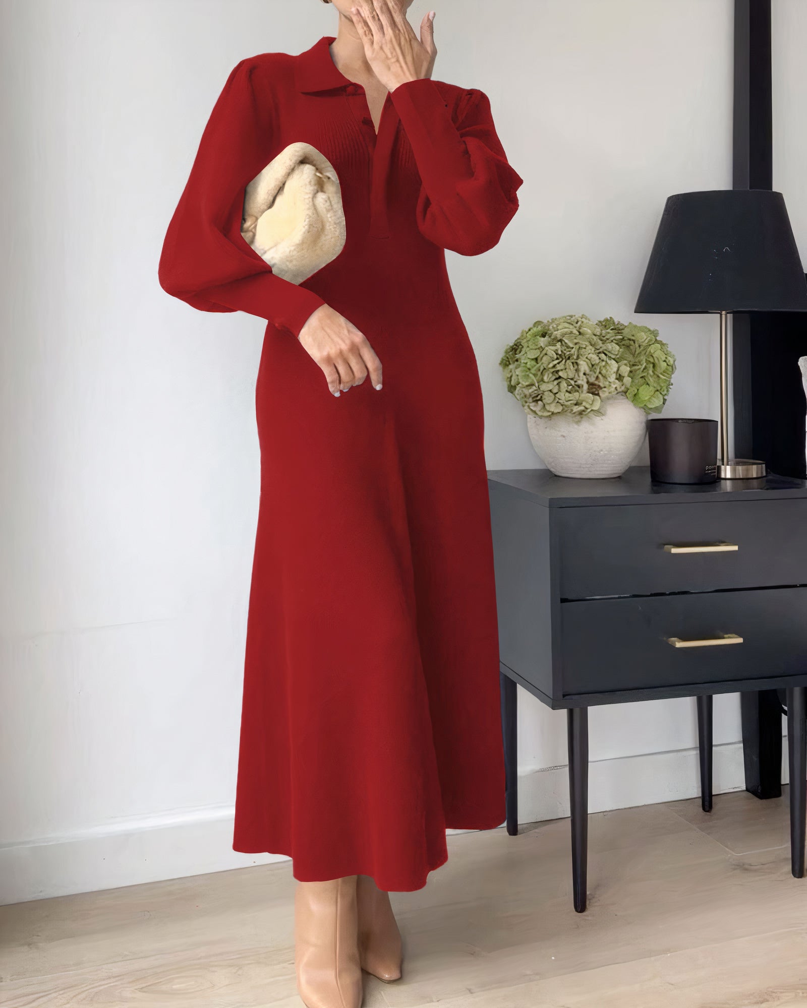 Knit Polo Collar Puff Sleeve A-Line Midi Sweater Dress
