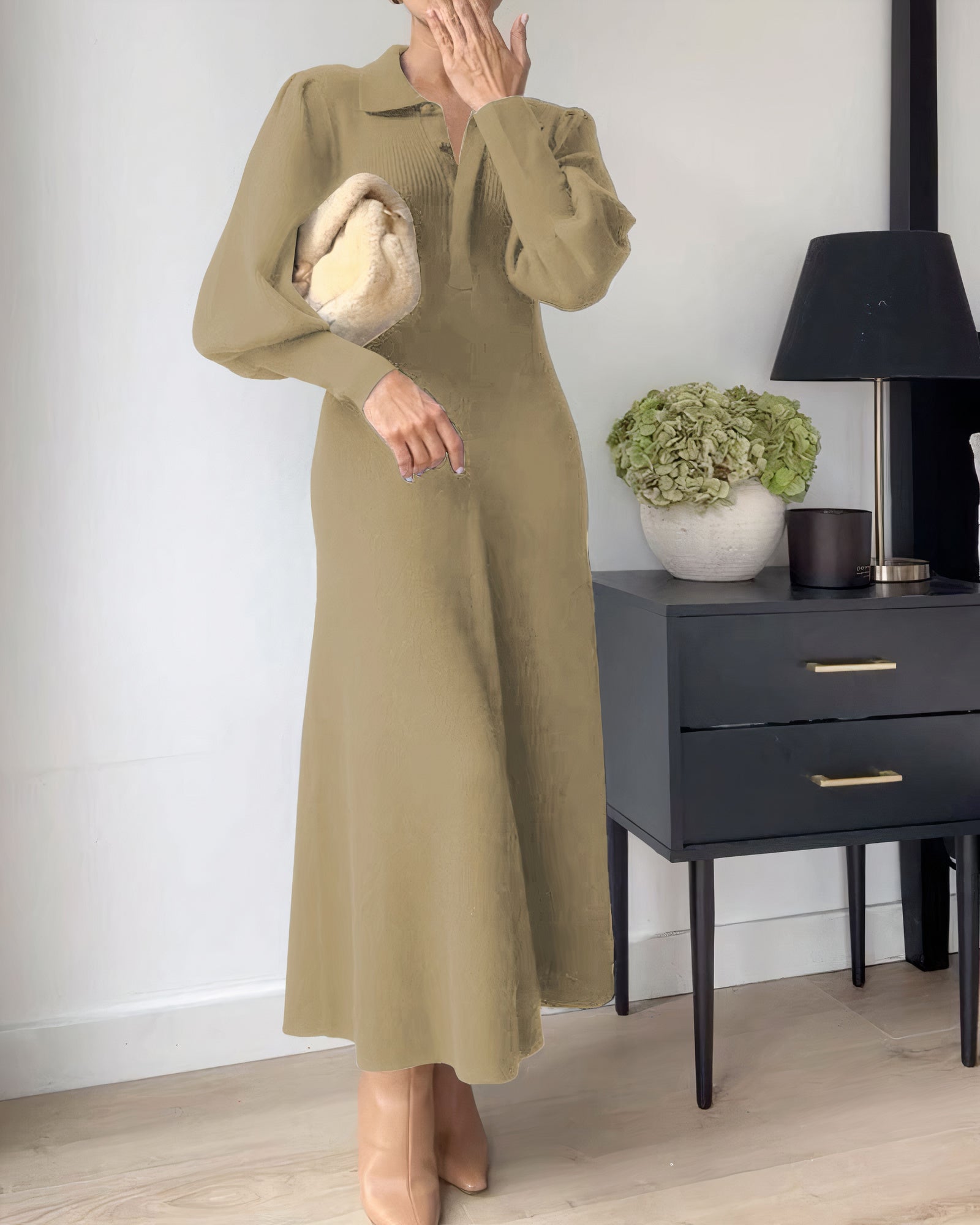 Knit Polo Collar Puff Sleeve A-Line Midi Sweater Dress