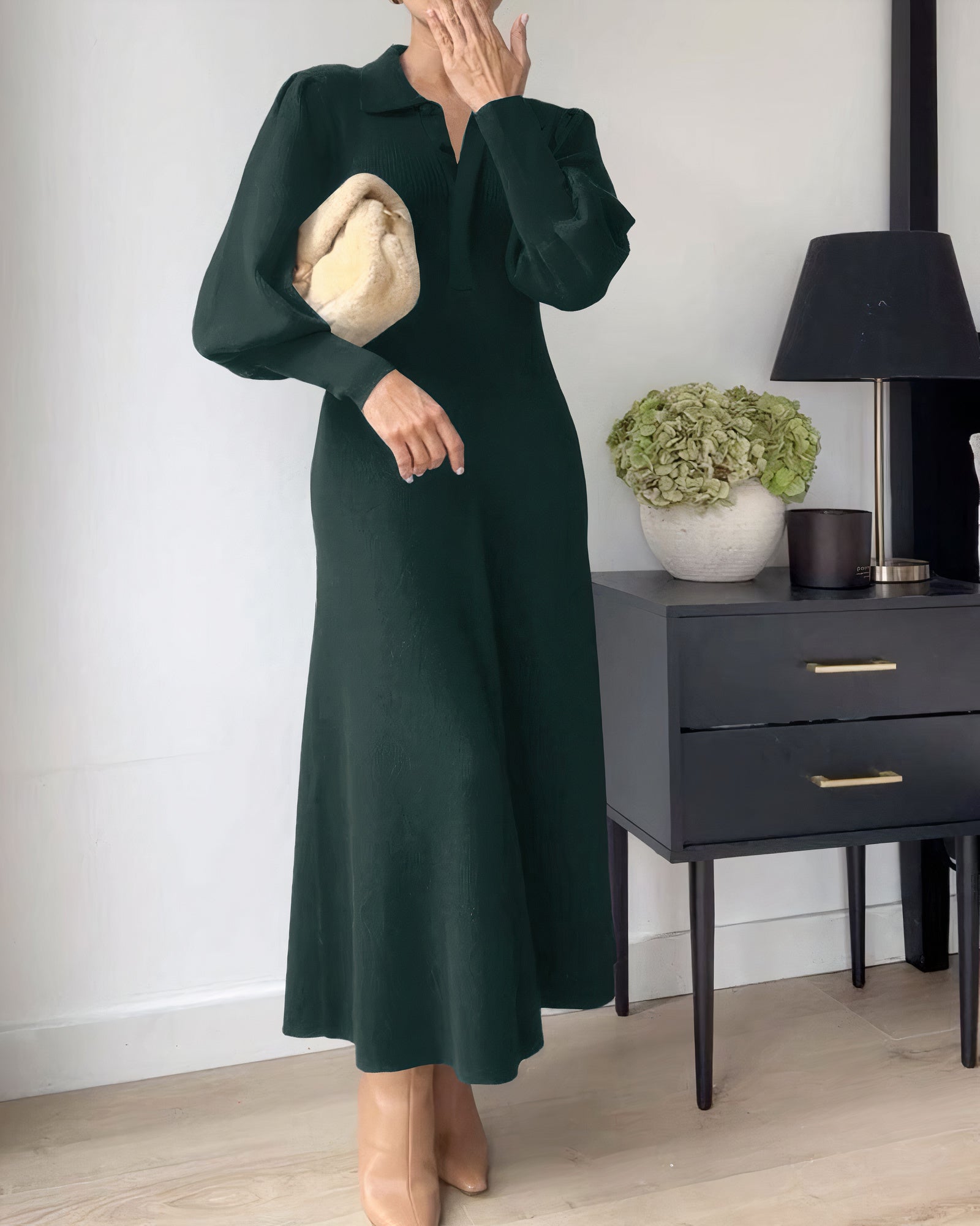 Knit Polo Collar Puff Sleeve A-Line Midi Sweater Dress