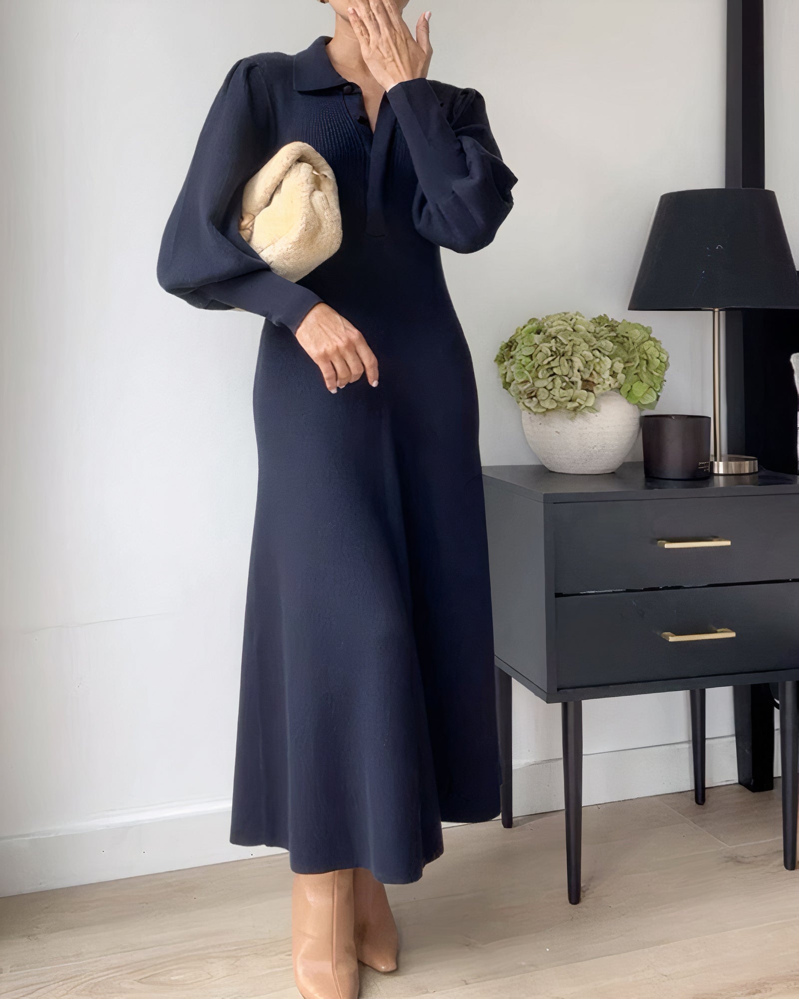 Knit Polo Collar Puff Sleeve A-Line Midi Sweater Dress