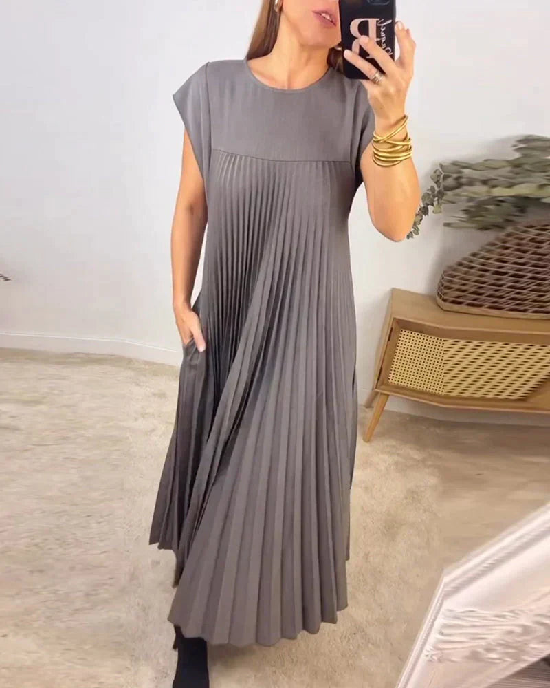 Accordion Pleat Crew Neck Cap Sleeve A-Line Maxi Dress