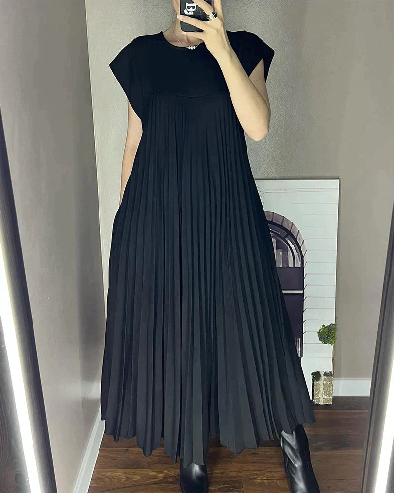 Sleeveless Crew Neck Accordion Pleat Plisse Flowy Maxi Dress