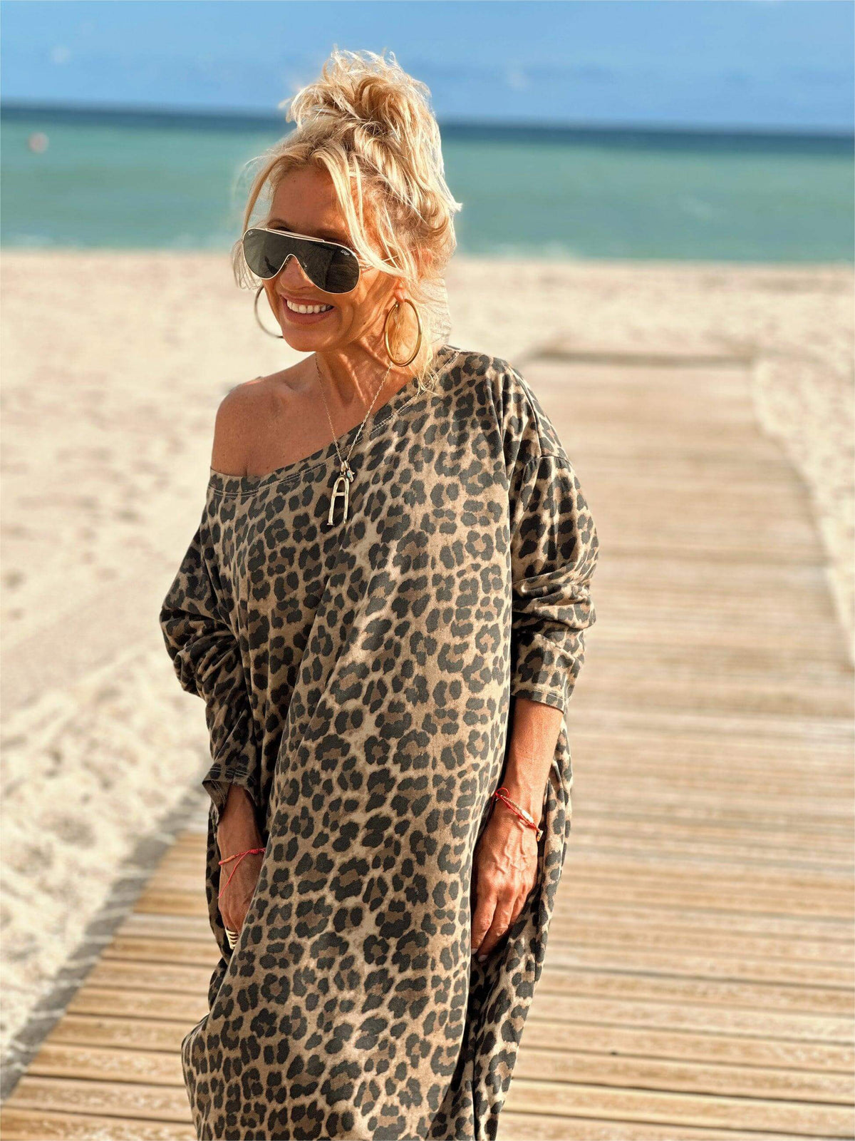 Leopard Print Off Shoulder Long Sleeve Oversized Maxi Dress