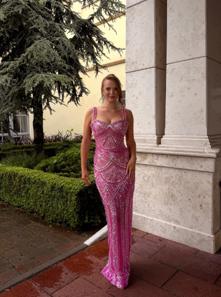 Gorgeous Pink Spaghetti Straps Sequin Beaded Long Evening Dress Formal Party Gown D872
