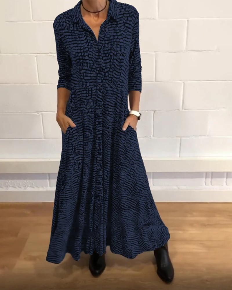 Long Sleeve Collared Button Down Pocket A-Line Maxi Shirt Dress