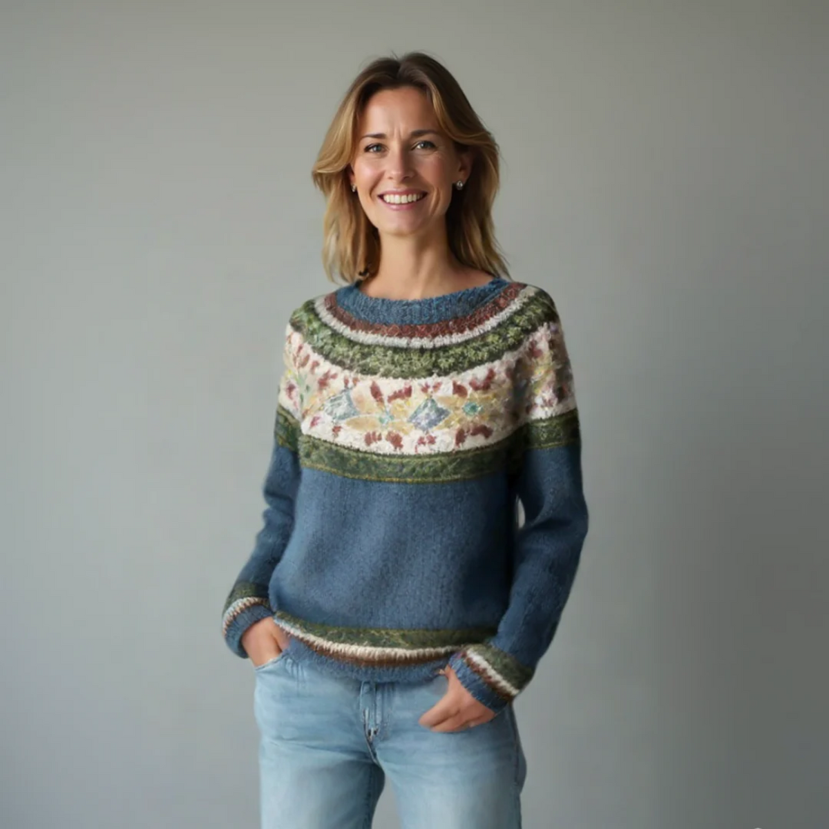 Boat Neck Long Sleeve Fair Isle Knit Sweater
