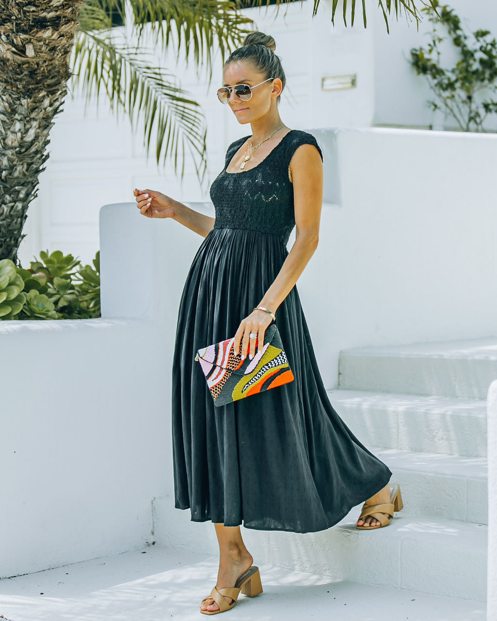 Naite Pocketed Smocked Midi Dress - Black