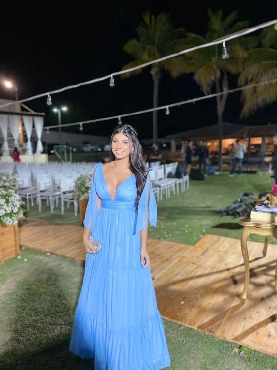 Deep V Neck Blue A-line Evening Dress,Blue Wedding Guest Outfit cc987