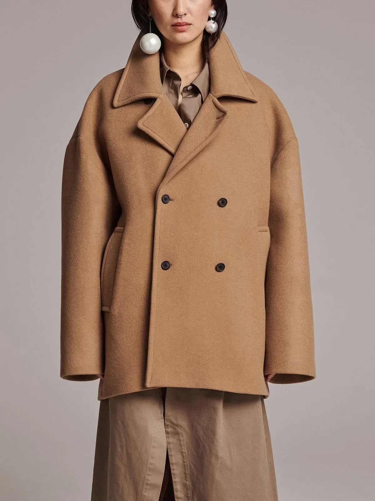 Black Lapel Slim Single-Breasted Overcoat camel / XS