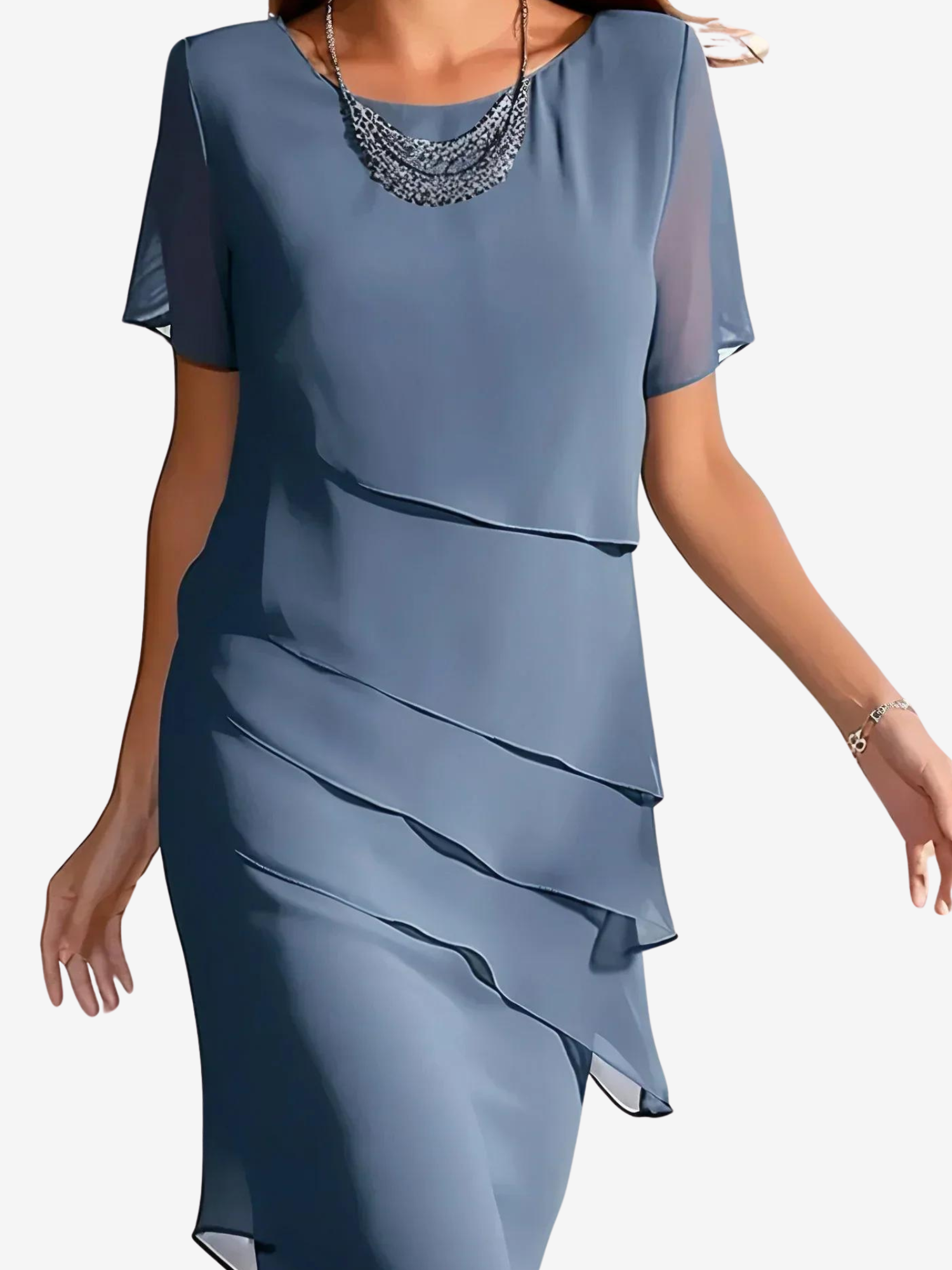 Sheer Flutter Sleeve Diagonal Tier Ruffle Sheath Knee Length Dress