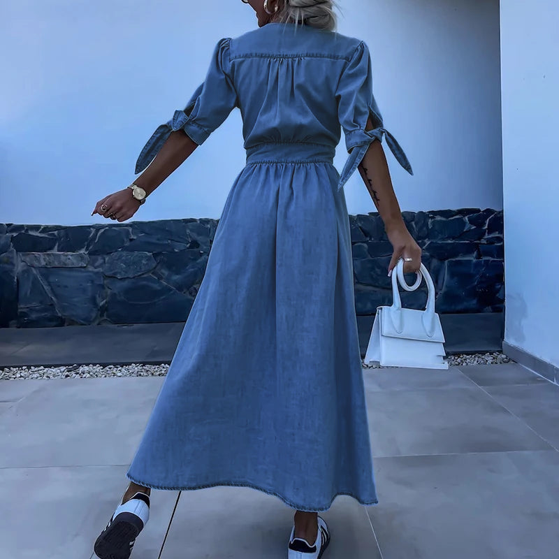 Chambray Button Front Deep V-Neck Tie Cuff Short Sleeve Maxi Dress