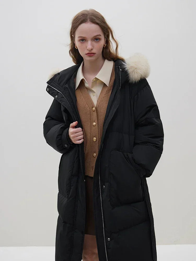Detachable Fox Fur Collar Windbreaker Down Warm Stylish Elegant Cozy Coat
