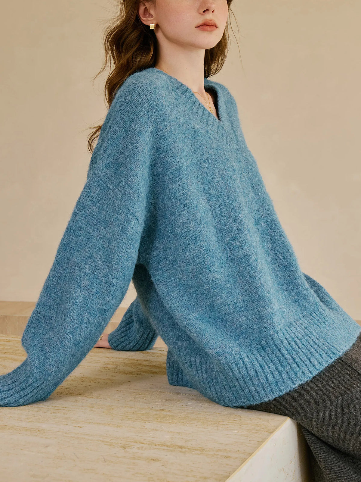 V-Neck Long Sleeve Fuzzy Knit Ribbed Trim Oversized Sweater 4