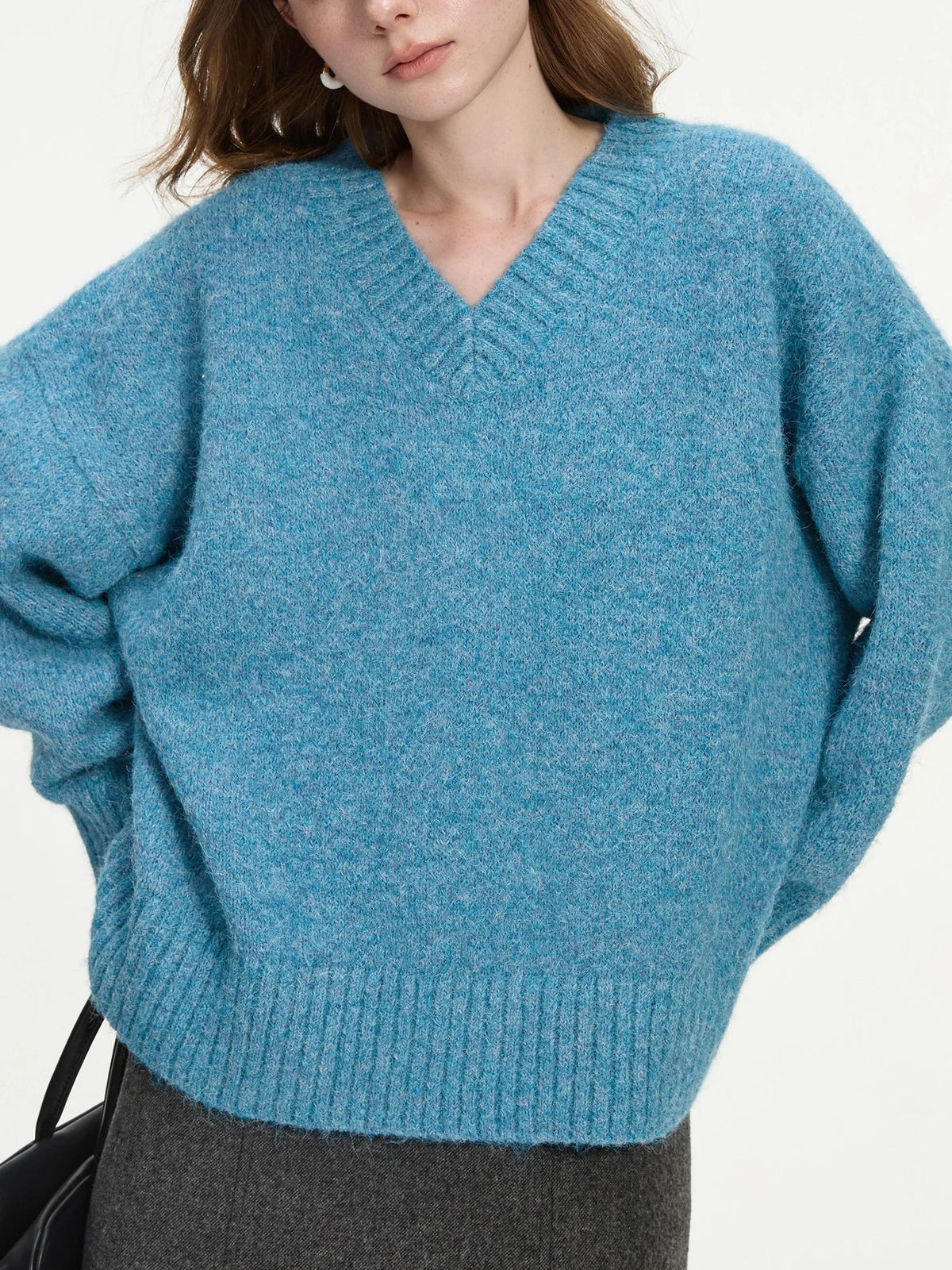 V-Neck Long Sleeve Fuzzy Knit Ribbed Trim Oversized Sweater