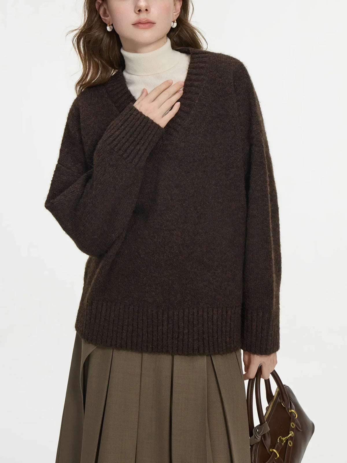 V-Neck Long Sleeve Fuzzy Knit Ribbed Trim Oversized Sweater 3