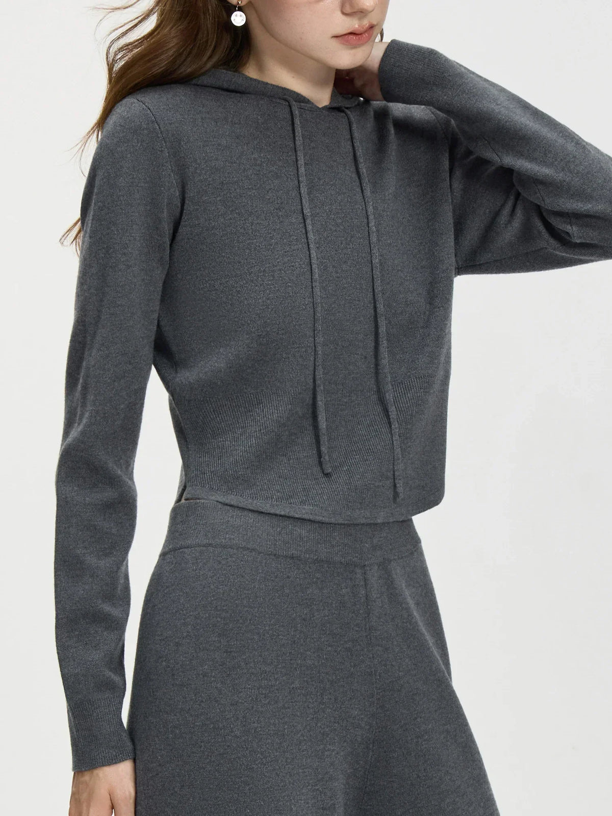 Hooded Drawstring Long Sleeve Cropped Knit Sweater