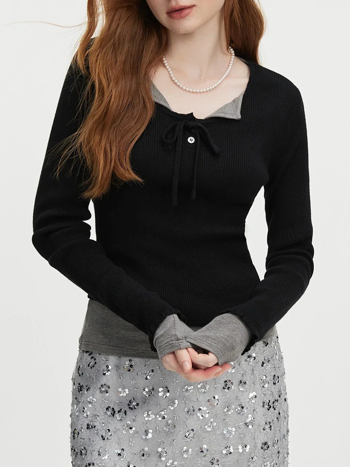 Scoop Neck Tie Front Ribbed Knit Ruffle Cuff Slim Sweater 2