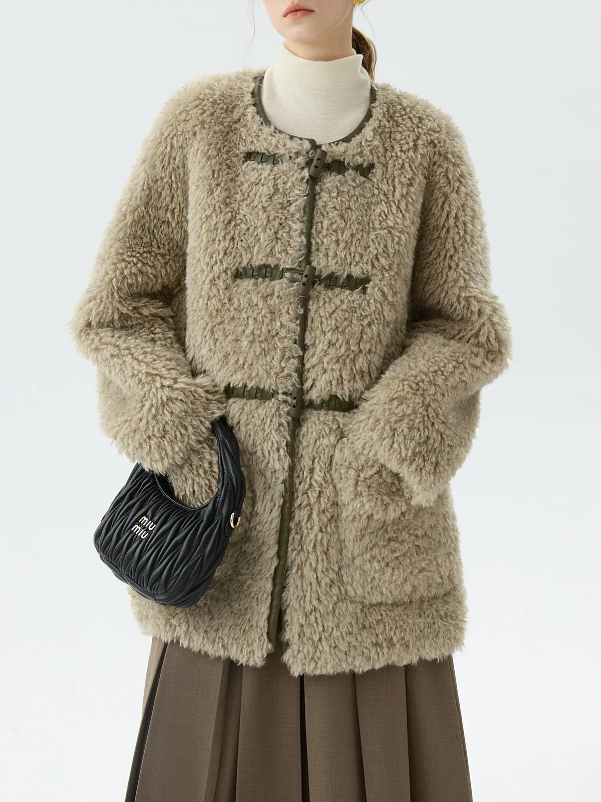 Round Neck Toggle Front Faux Shearling Teddy Coat with Patch Pockets