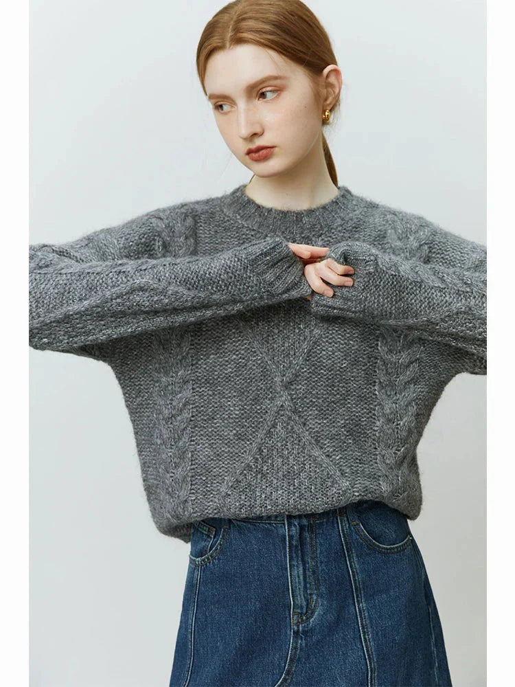 Rhombus Pattern Twist Knitted Pullover Sweater GRAY / S